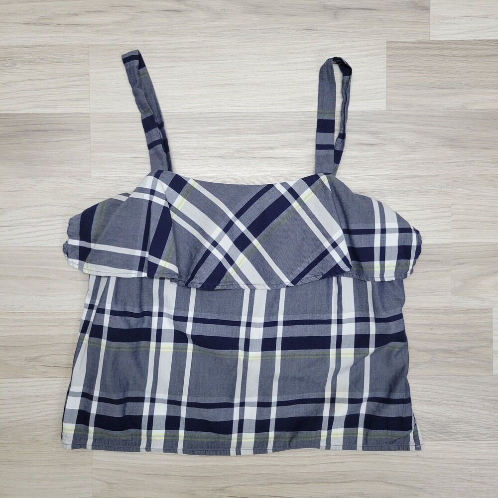 BANANA REPUBLIC Womens Navy Blue Plaid Ruffle Strappy Top Size L